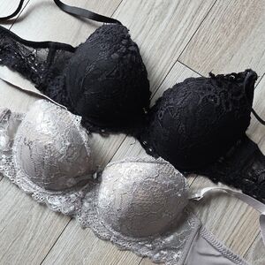34B XOXO Lace Black and Silver Bra Duo